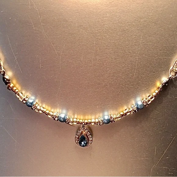 HAND CRAFTED Silver Gold Blue rhinestone pendant necklace Upcycled Vintage - Picture 2 of 6